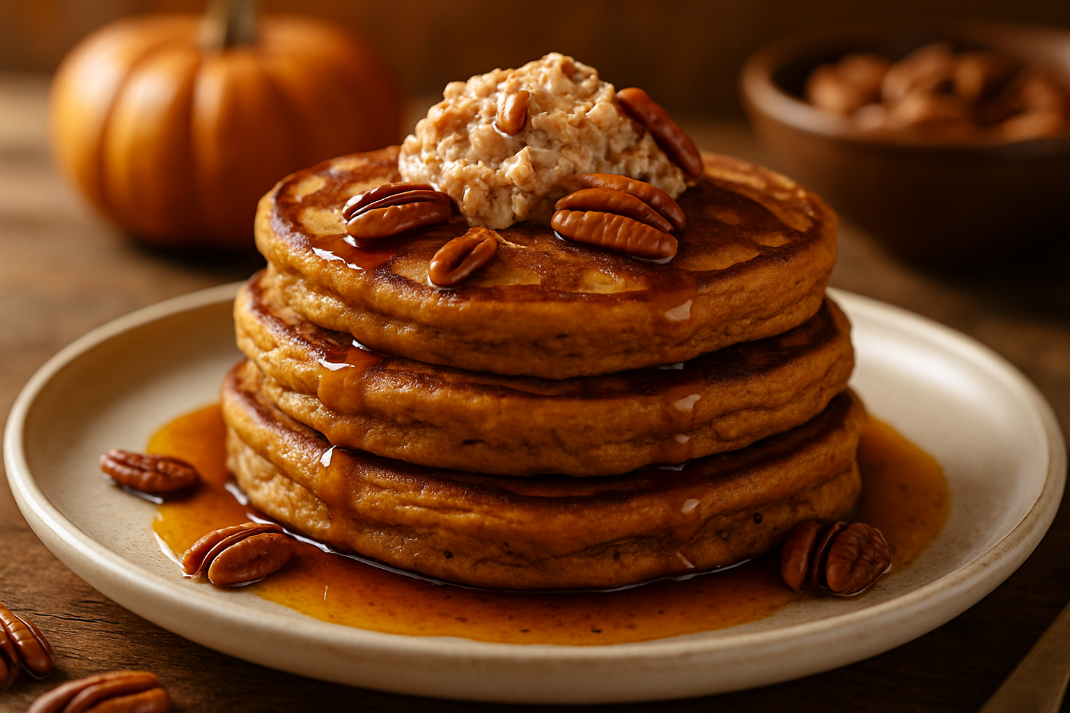 Maple Bourbon-Spiced Pumpkin Pancakes with Pecan Butter