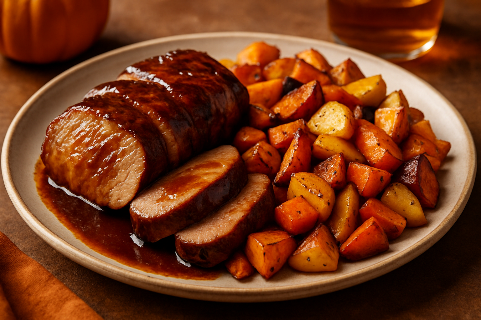 Maple Bourbon-Spiced Pumpkin Pork Tenderloin with Roasted Root Vegetables