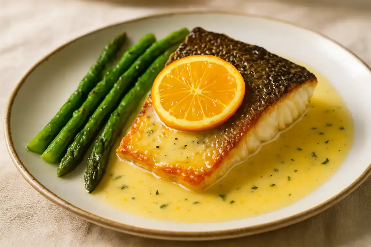 Pan-Seared Sea Bass with Bourbon Citrus Beurre Blanc and Spring Asparagus