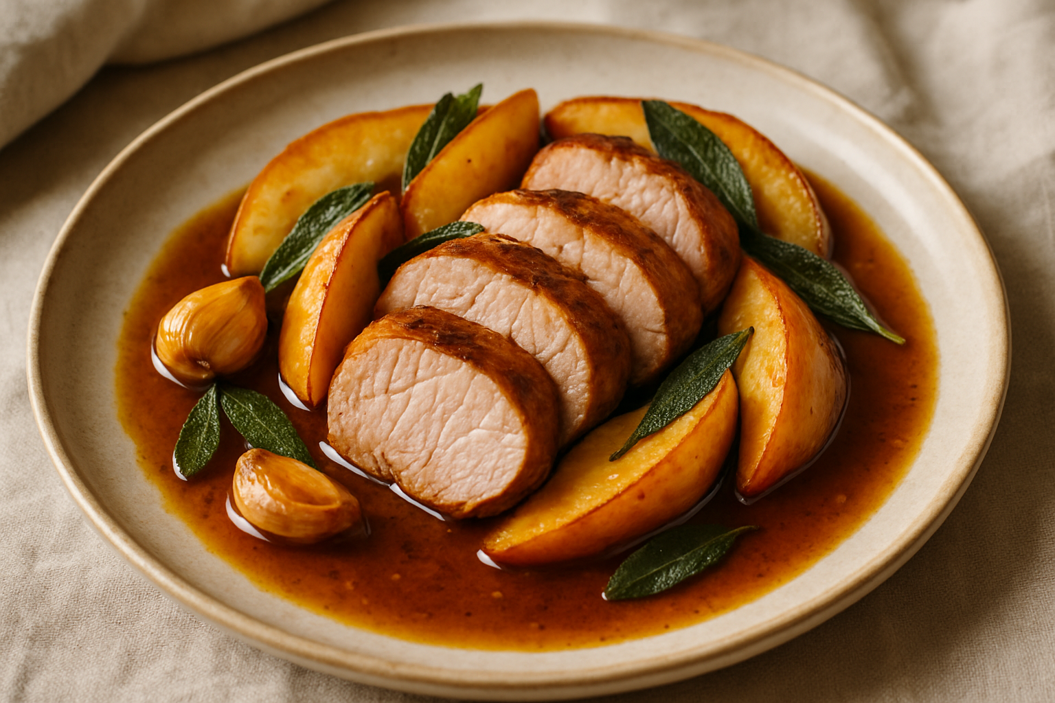 Roasted Apple and Sage Pork Tenderloin with Bourbon Pan Sauce