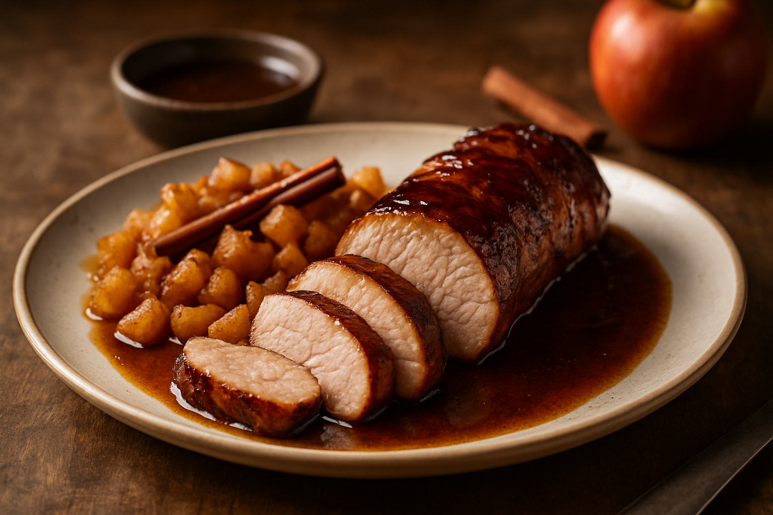 Roasted Autumn Pork Tenderloin with Bourbon-Maple Glaze and Spiced Apple Compote