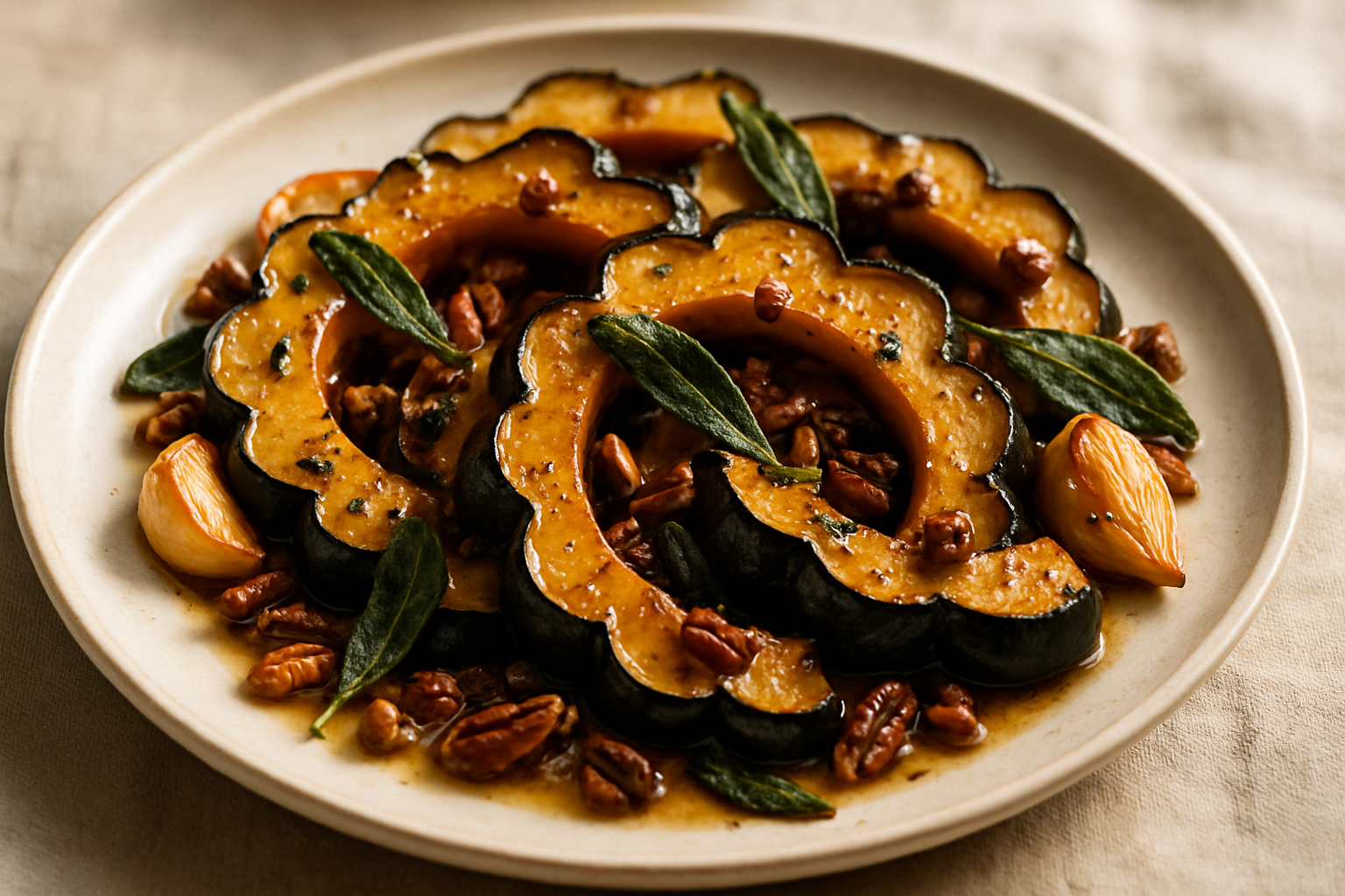 Roasted Garlic Bourbon Acorn Squash with Sage Butter