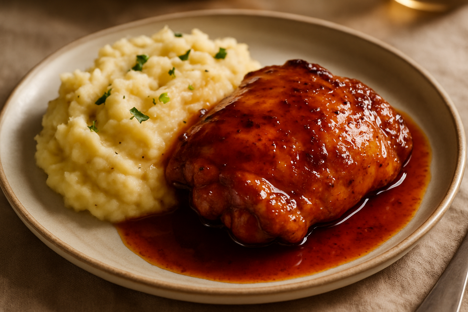 Simple Bourbon Honey Chicken Thighs with Roasted Garlic Mashed Potatoes