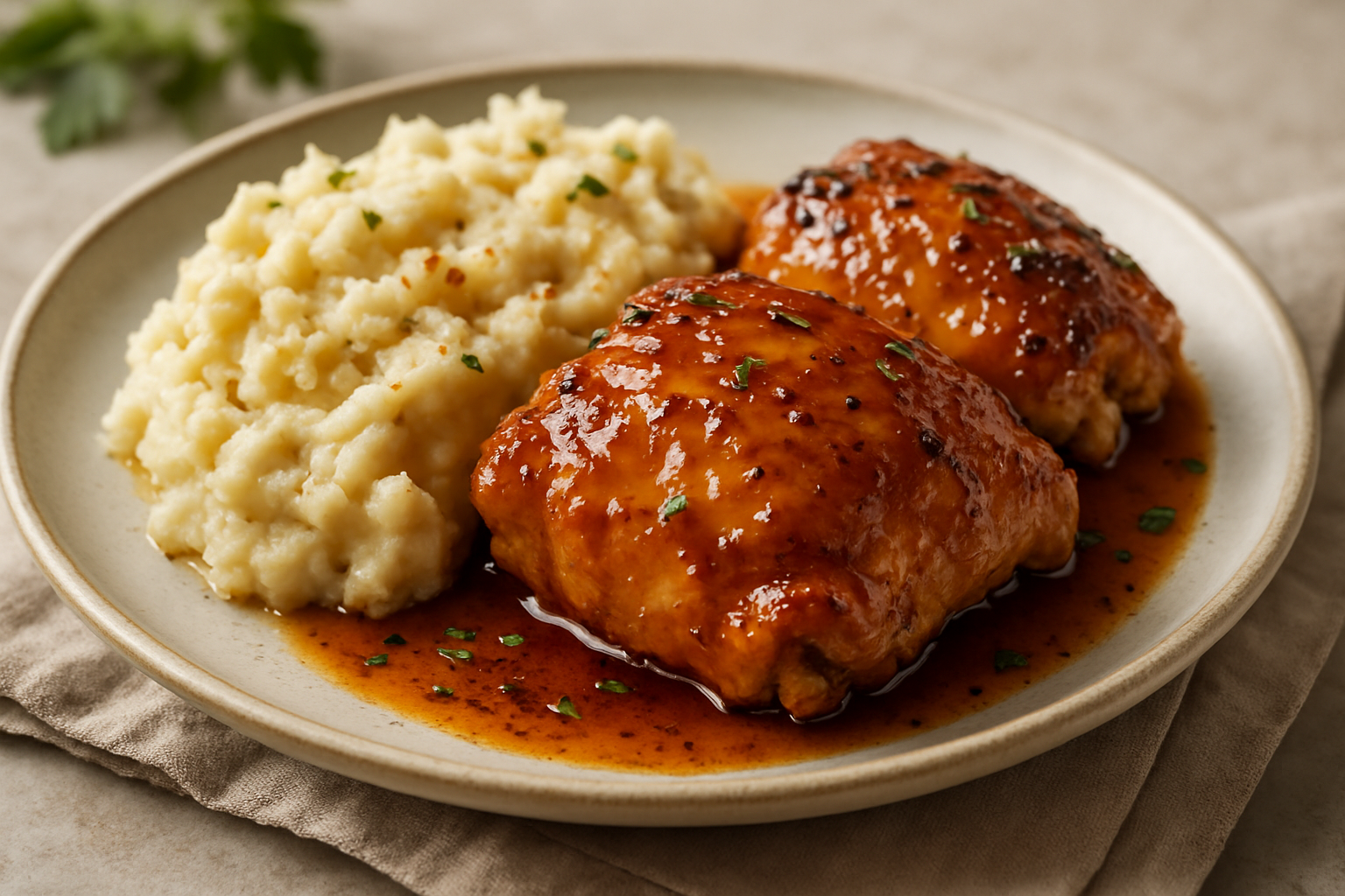 Simple Bourbon Honey Glazed Chicken Thighs with Garlic Mashed Potatoes