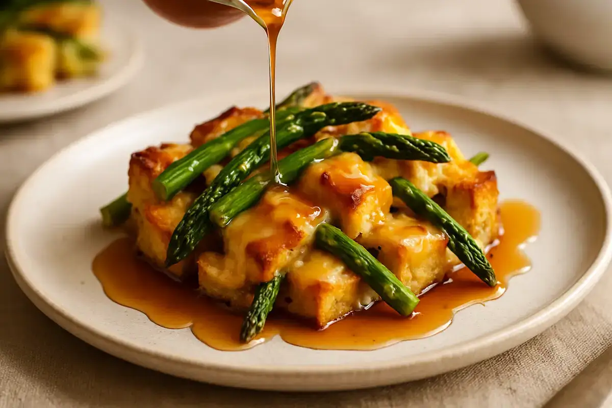 Smoked Gouda and Asparagus Breakfast Strata with Bourbon Maple Drizzle