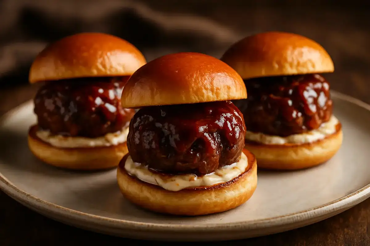Smoky Bourbon BBQ Meatball Sliders with Caramelized Onion Aioli