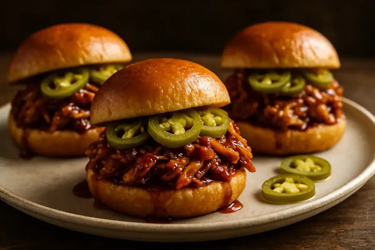 Smoky Bourbon BBQ Pulled Chicken Sliders with Pickled Jalapeños