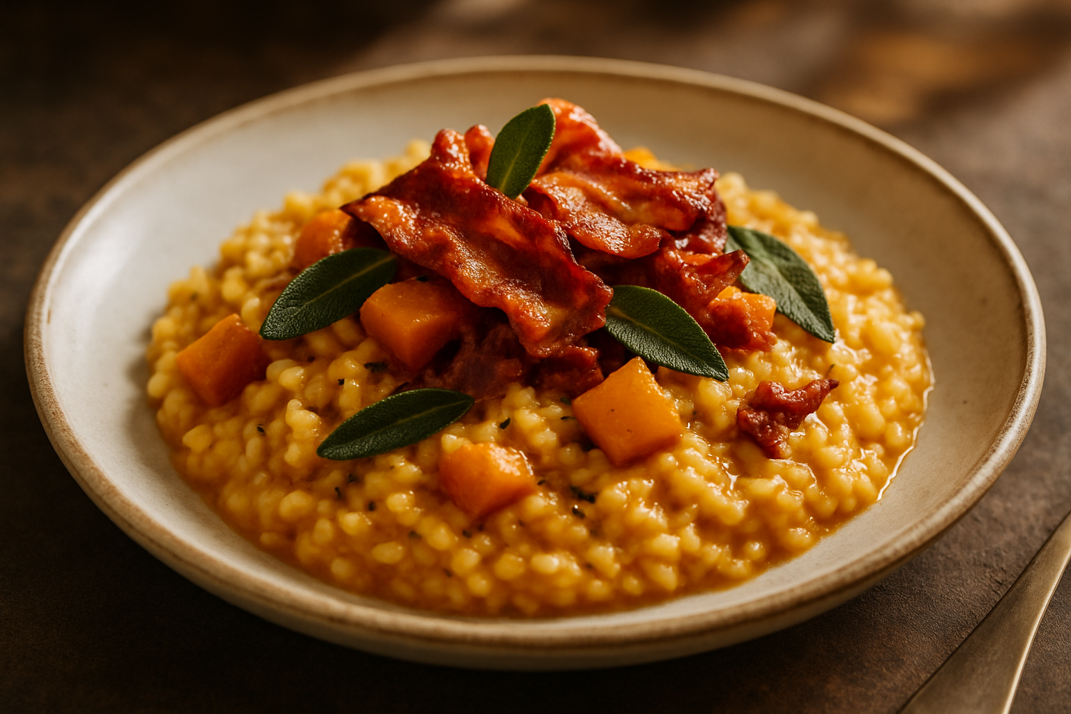 Smoky Bourbon-Butternut Squash Risotto with Sage and Crispy Pancetta