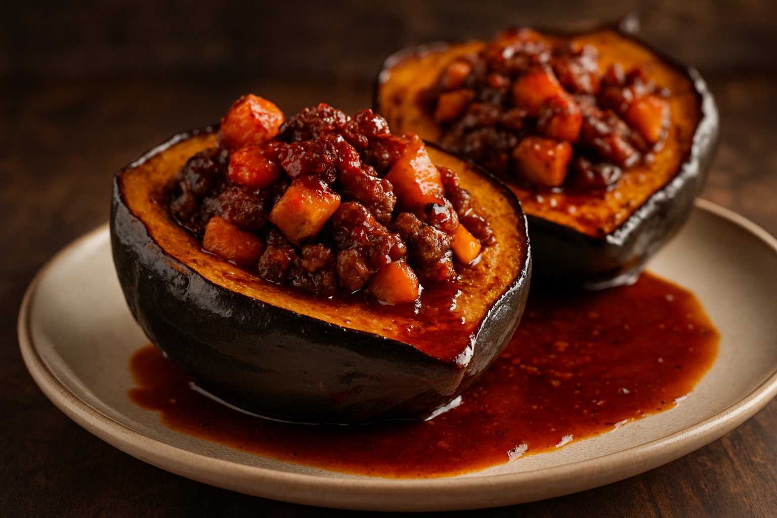 Smoky Bourbon Glazed Spiced Pumpkin and Sausage Stuffed Acorn Squash