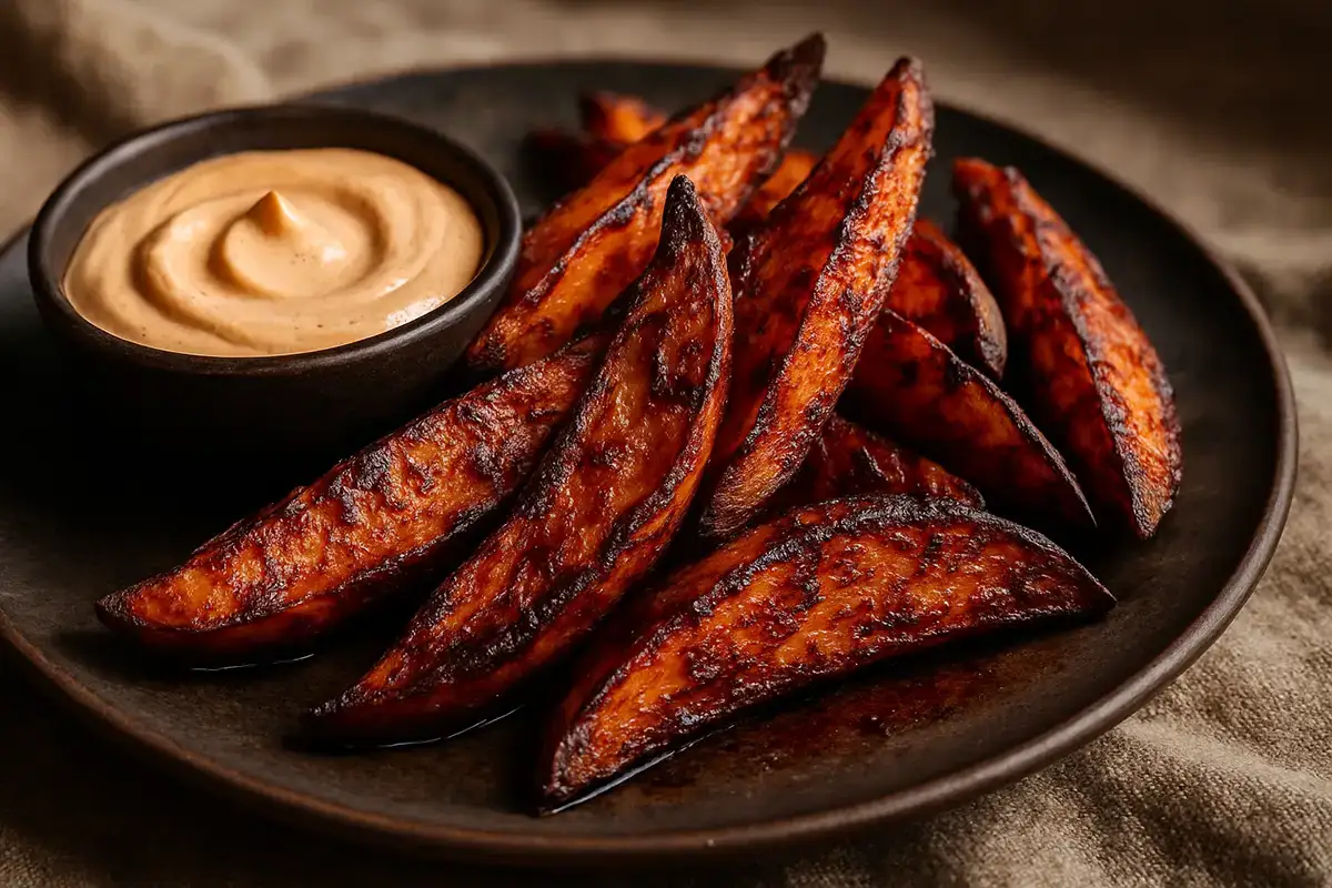 Smoky Bourbon-Glazed Sweet Potato Wedges with Chipotle Aioli