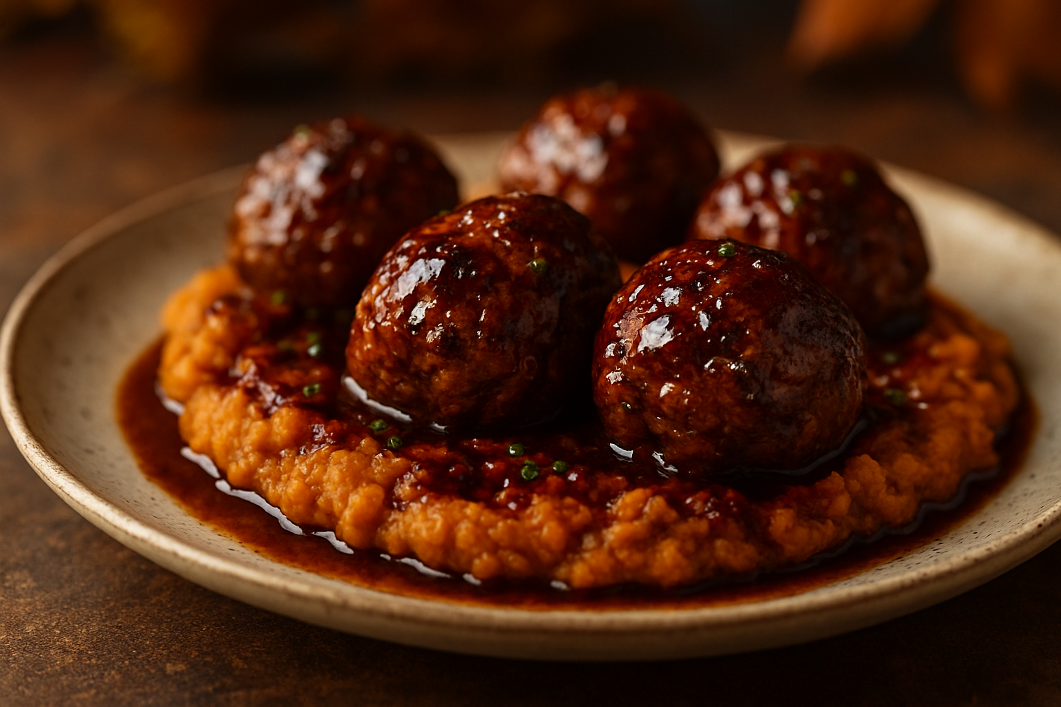 Smoky Bourbon-Spiced Pumpkin Meatballs with Maple Chipotle Glaze