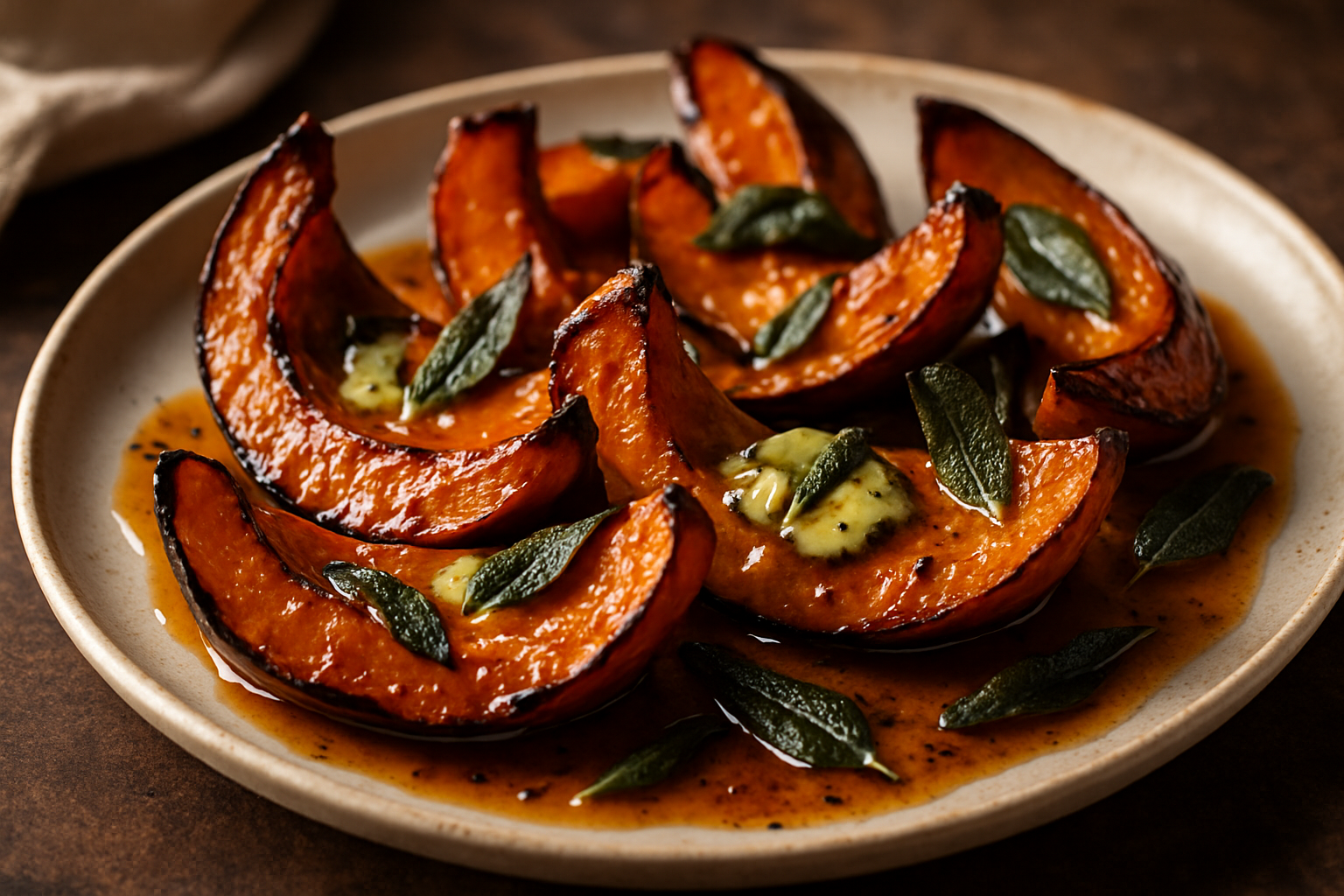 Smoky Maple Bourbon Glazed Roasted Pumpkin Wedges with Sage Butter