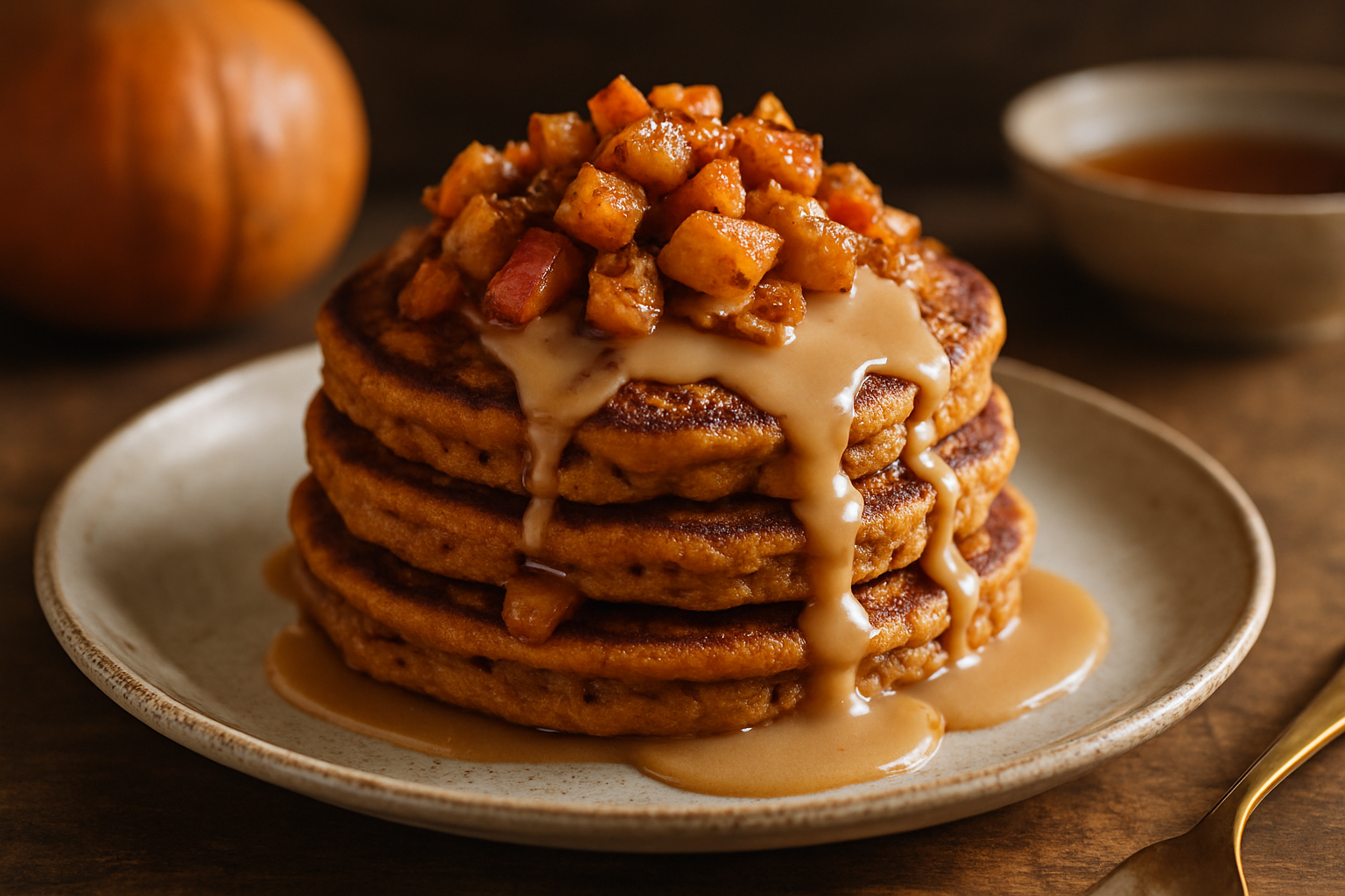Spiced Apple and Bourbon Pumpkin Pancakes with Maple Glaze