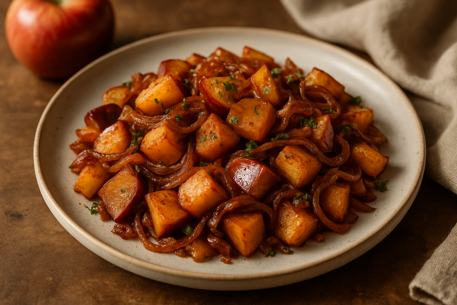 Spiced Bourbon-Apple Breakfast Hash with Caramelized Onions