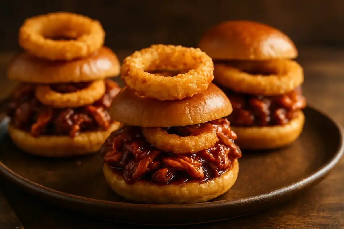 Spiced Bourbon BBQ Chicken Sliders with Crispy Onion Rings