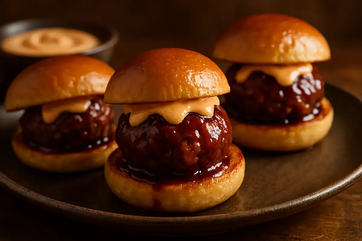 Spiced Bourbon BBQ Meatball Sliders with Chipotle Aioli