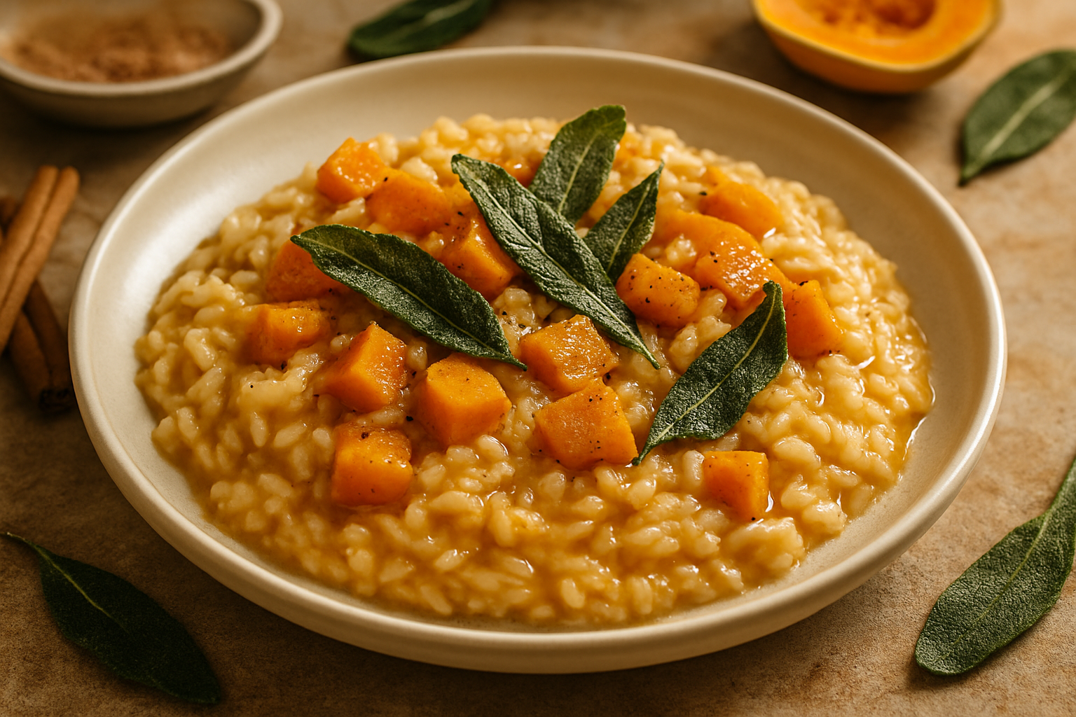 Spiced Bourbon Butternut Squash Risotto with Crispy Sage