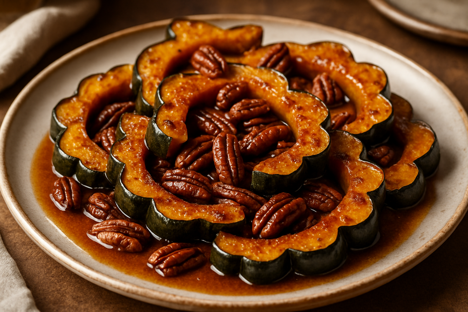 Spiced Bourbon-Glazed Roasted Acorn Squash with Maple Pecans