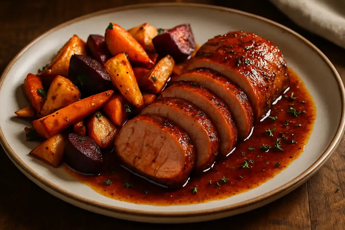 Spiced Bourbon-Maple Glazed Pork Tenderloin with Roasted Root Vegetables