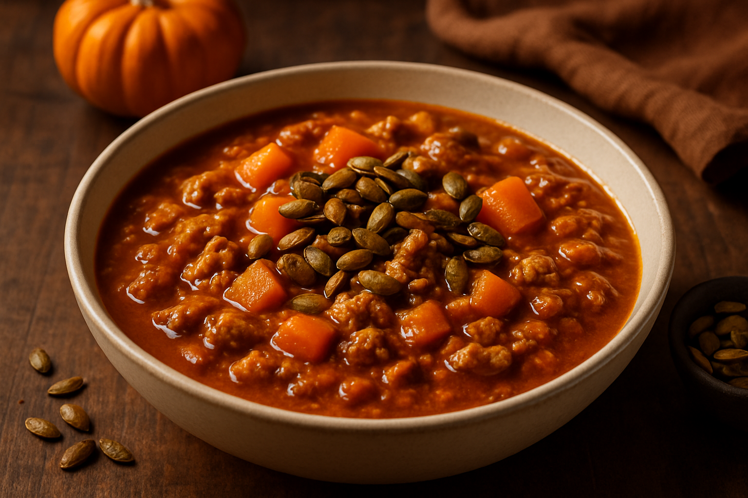 Spiced Bourbon Pumpkin Chili with Roasted Pepitas