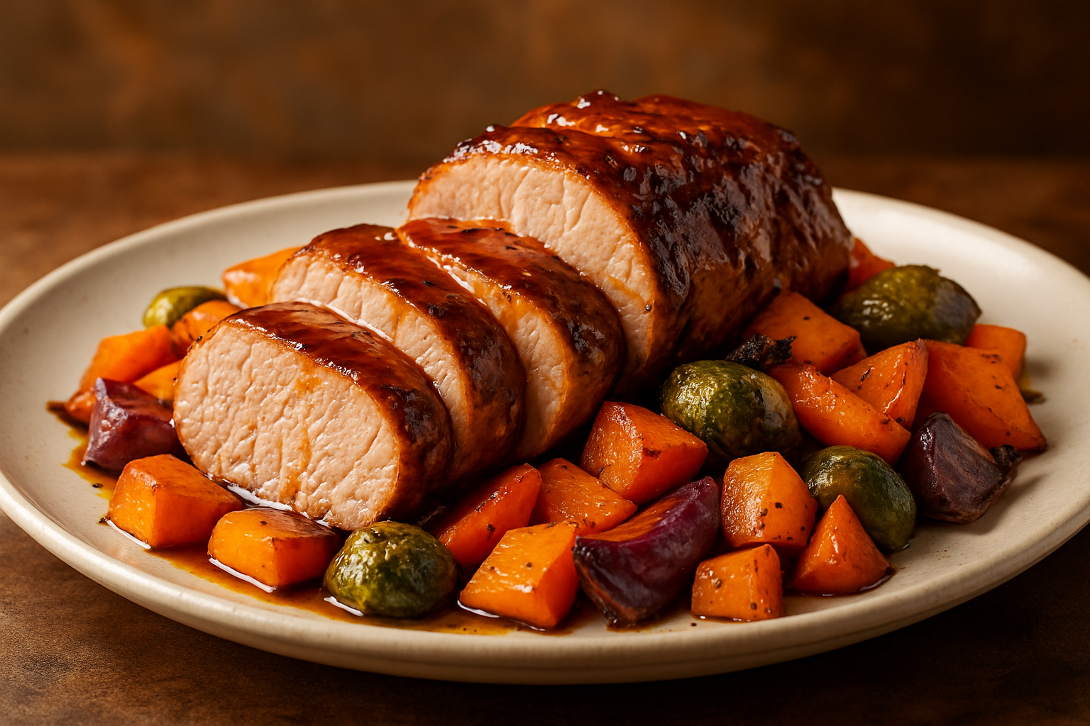 Spiced Maple Bourbon-Glazed Pork Tenderloin with Roasted Autumn Vegetables