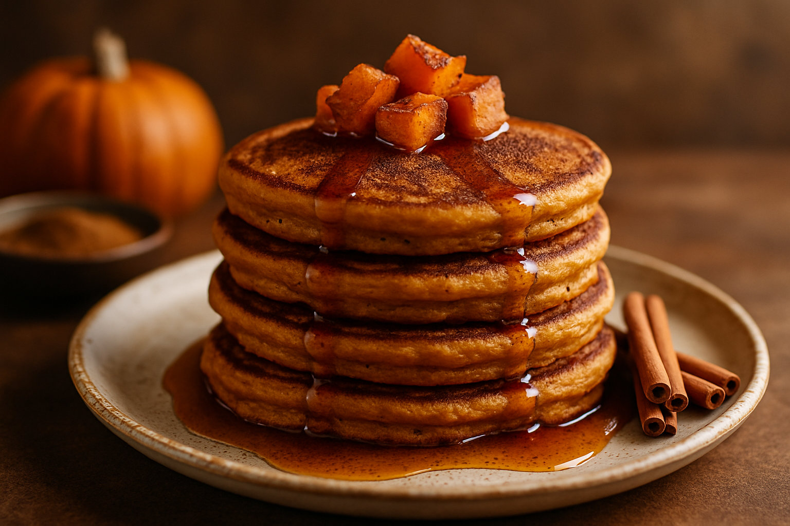 Spiced Maple Bourbon Pumpkin Pancakes