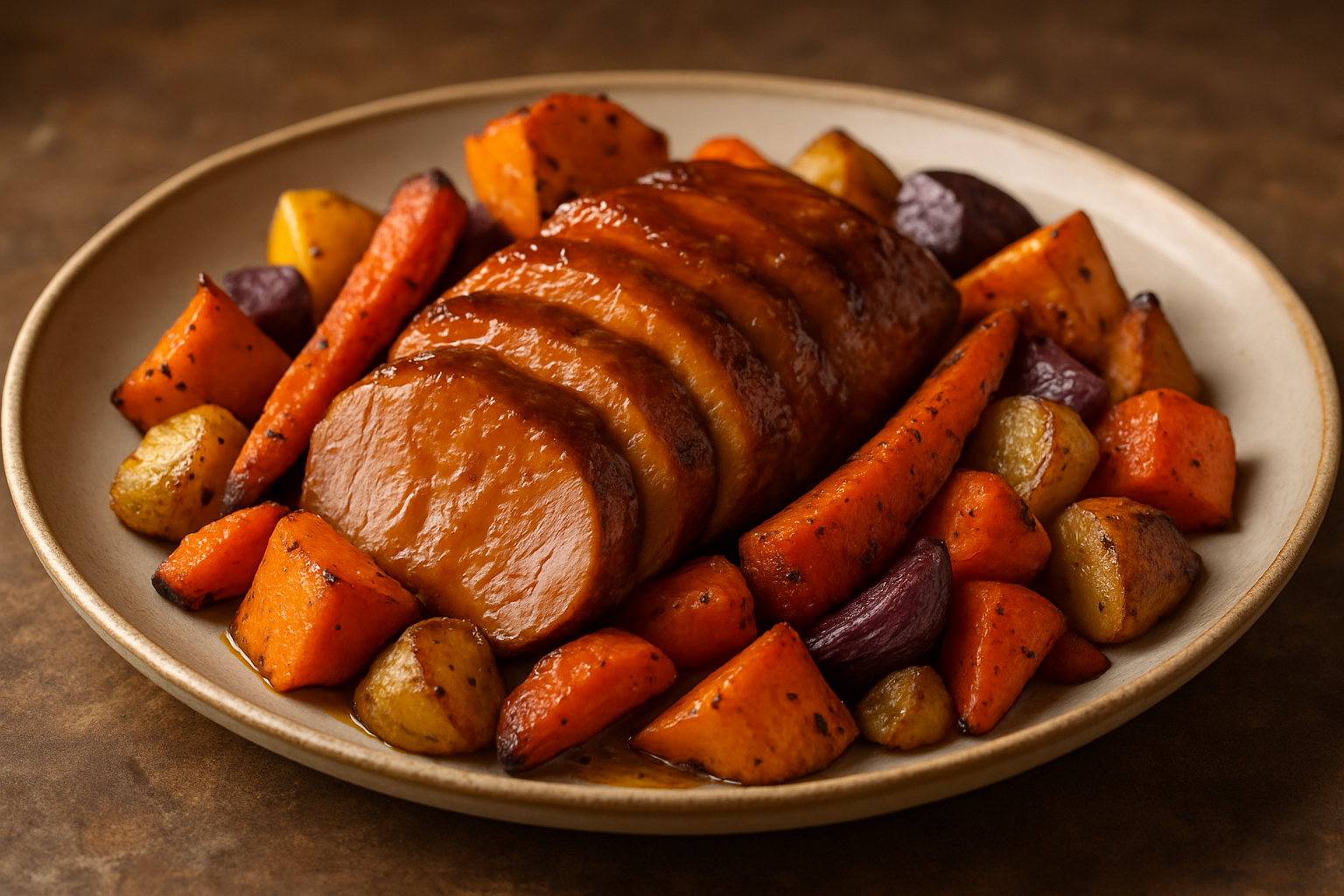 Spiced Pumpkin and Bourbon-Glazed Pork Tenderloin with Roasted Autumn Vegetables