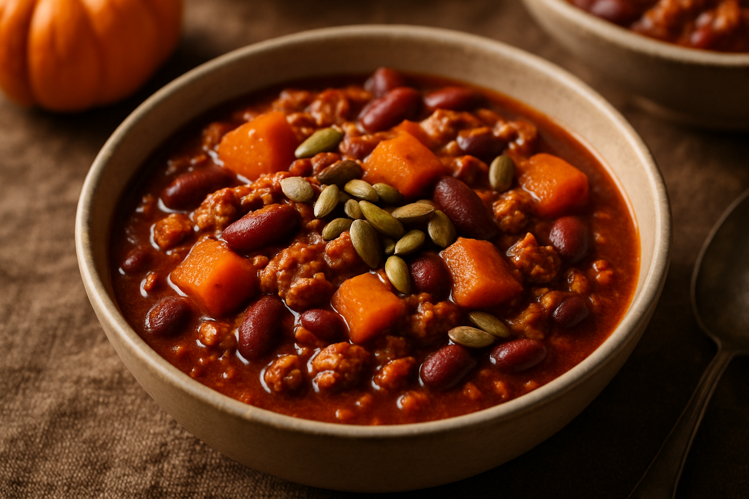 Spiced Pumpkin Bourbon Chili with Toasted Pepitas