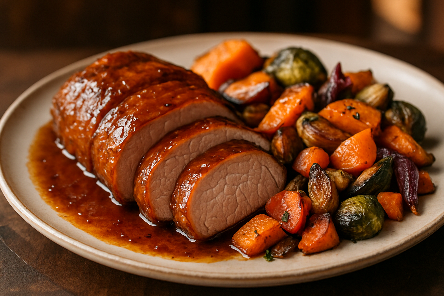 Spiced Pumpkin Bourbon Glazed Pork Tenderloin with Roasted Autumn Vegetables