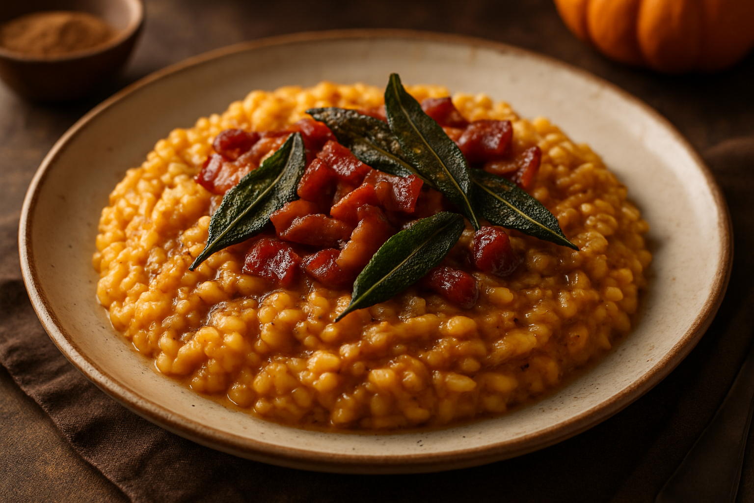 Spiced Pumpkin Bourbon Risotto with Crispy Sage and Pancetta