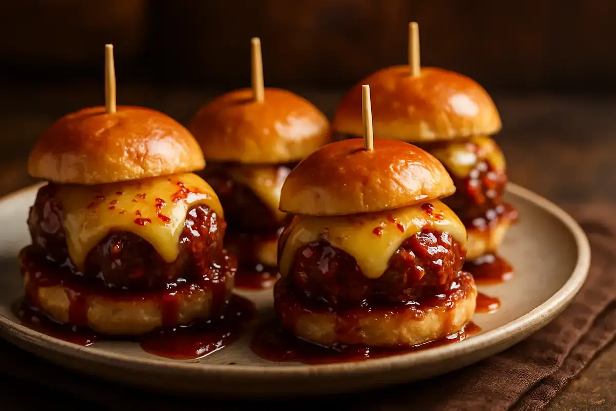 Spicy Bourbon Glazed Meatball Sliders with Smoked Gouda