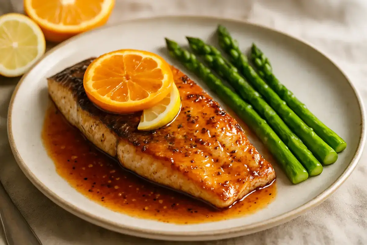 Spring Citrus and Bourbon Glazed Sea Bass with Asparagus