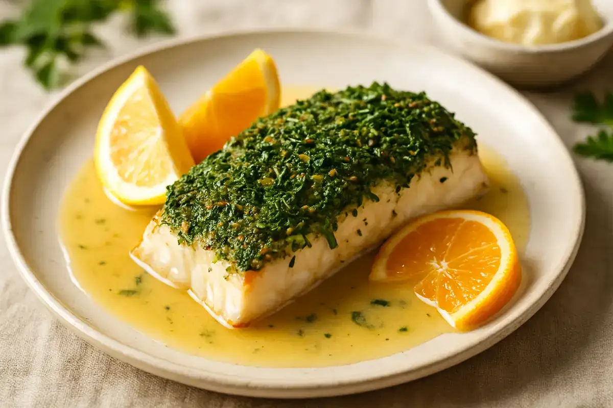 Spring Herb-Crusted Sea Bass with Bourbon Citrus Beurre Blanc