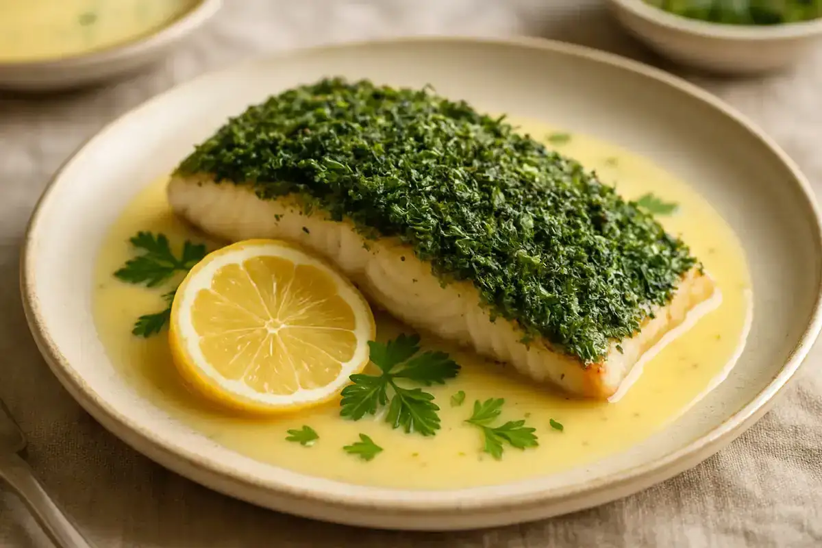 Spring Herb-Crusted Sea Bass with Bourbon Lemon Beurre Blanc