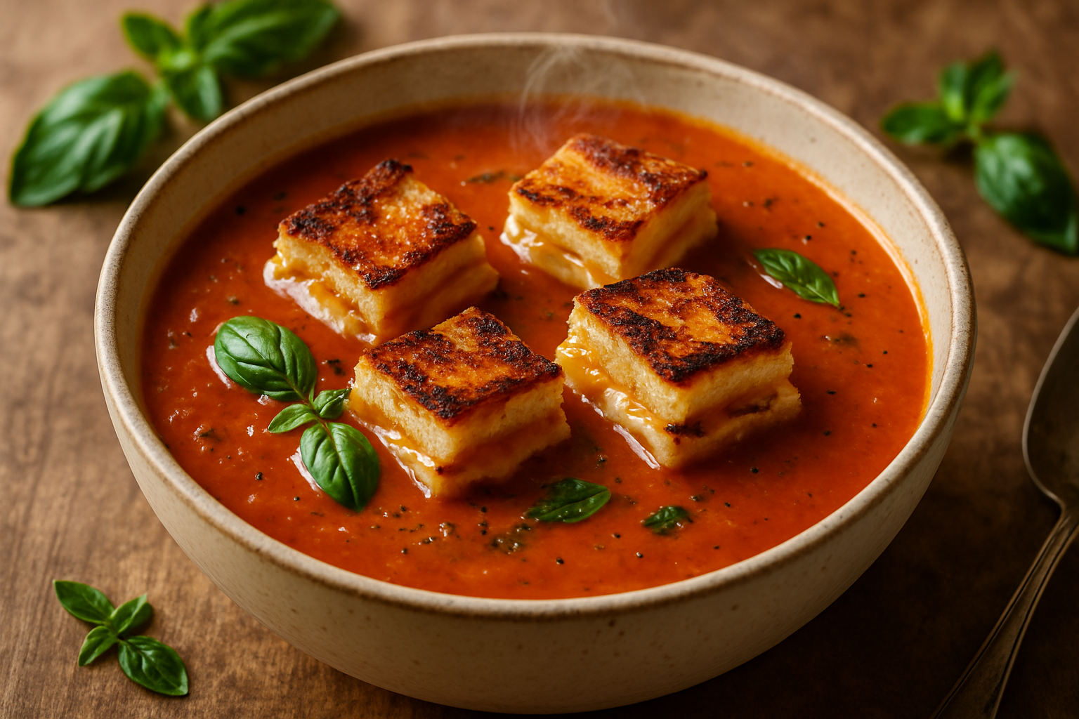 Tomato Basil Soup with Grilled Cheese Croutons