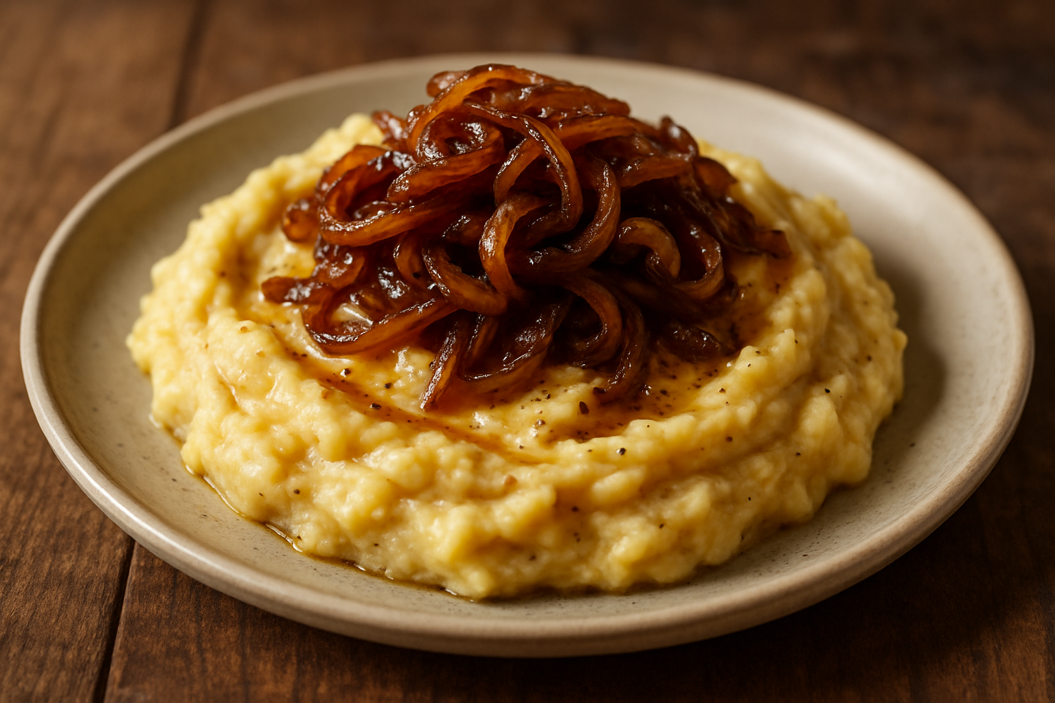 Whiskey-Garlic Mashed Potatoes with Caramelized Onions