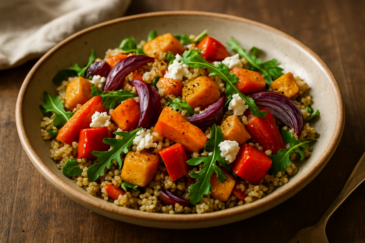 Whiskey-Infused Quinoa Salad with Roasted Vegetables and Feta