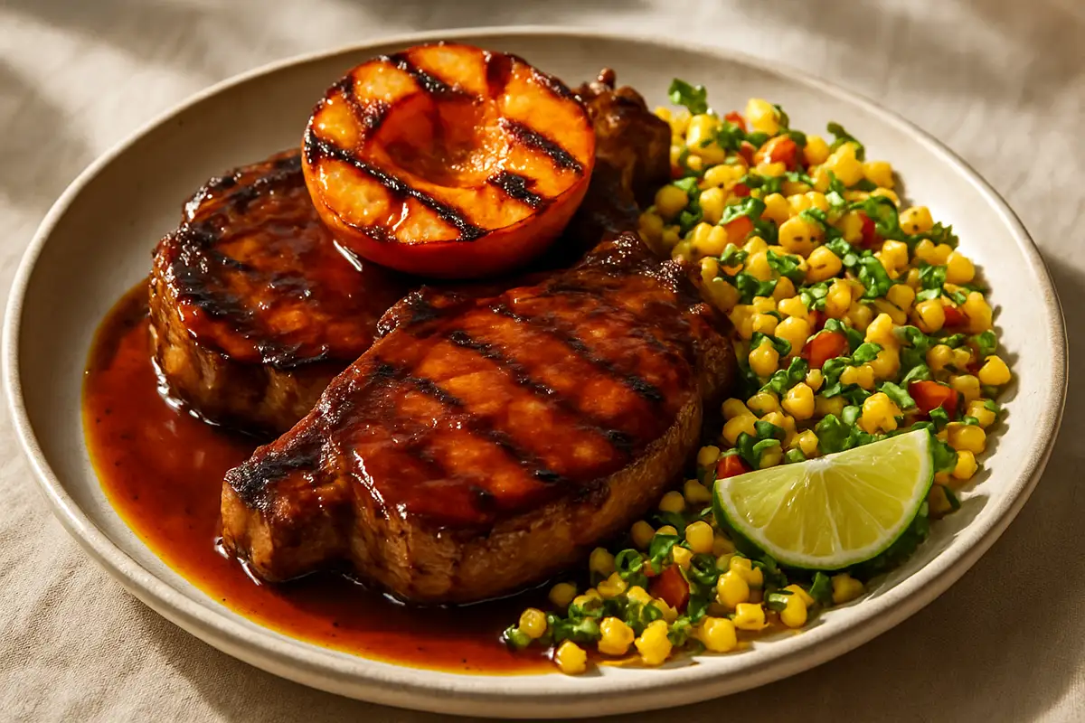 Grilled pork chops with peaches and charred corn