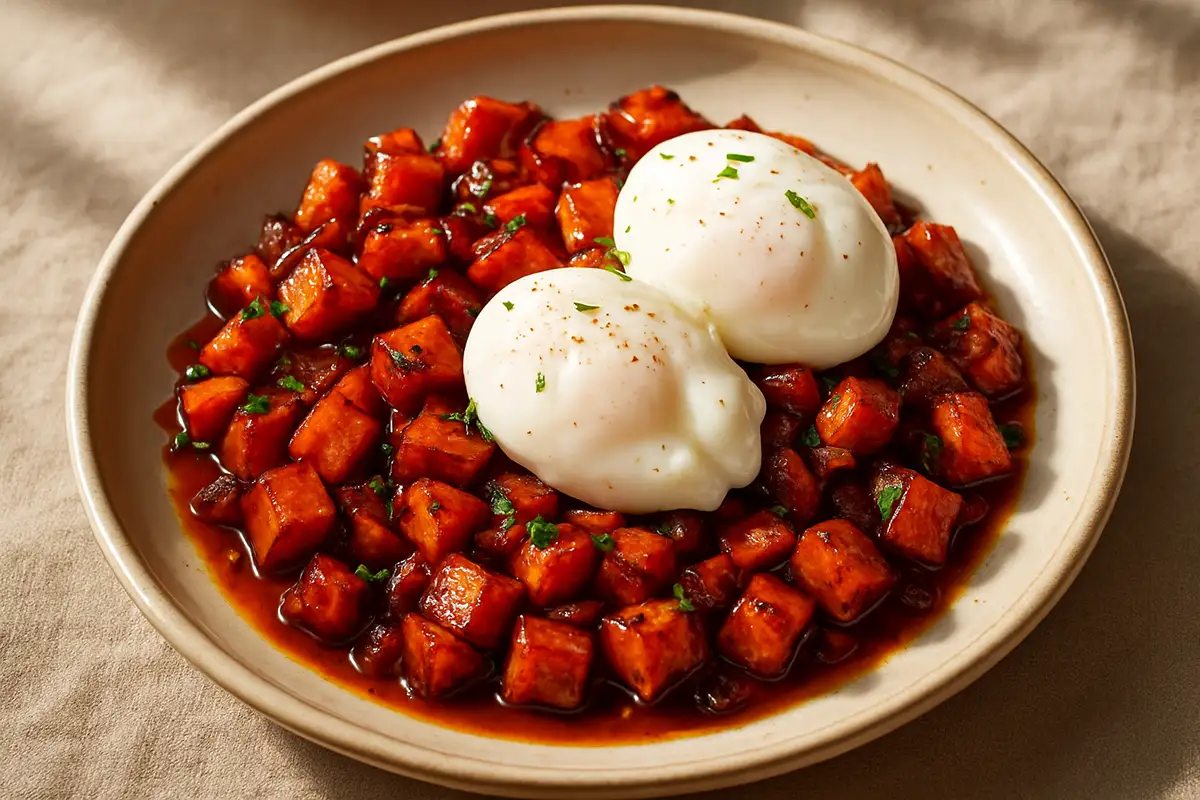 Sweet potato hash with poached eggs